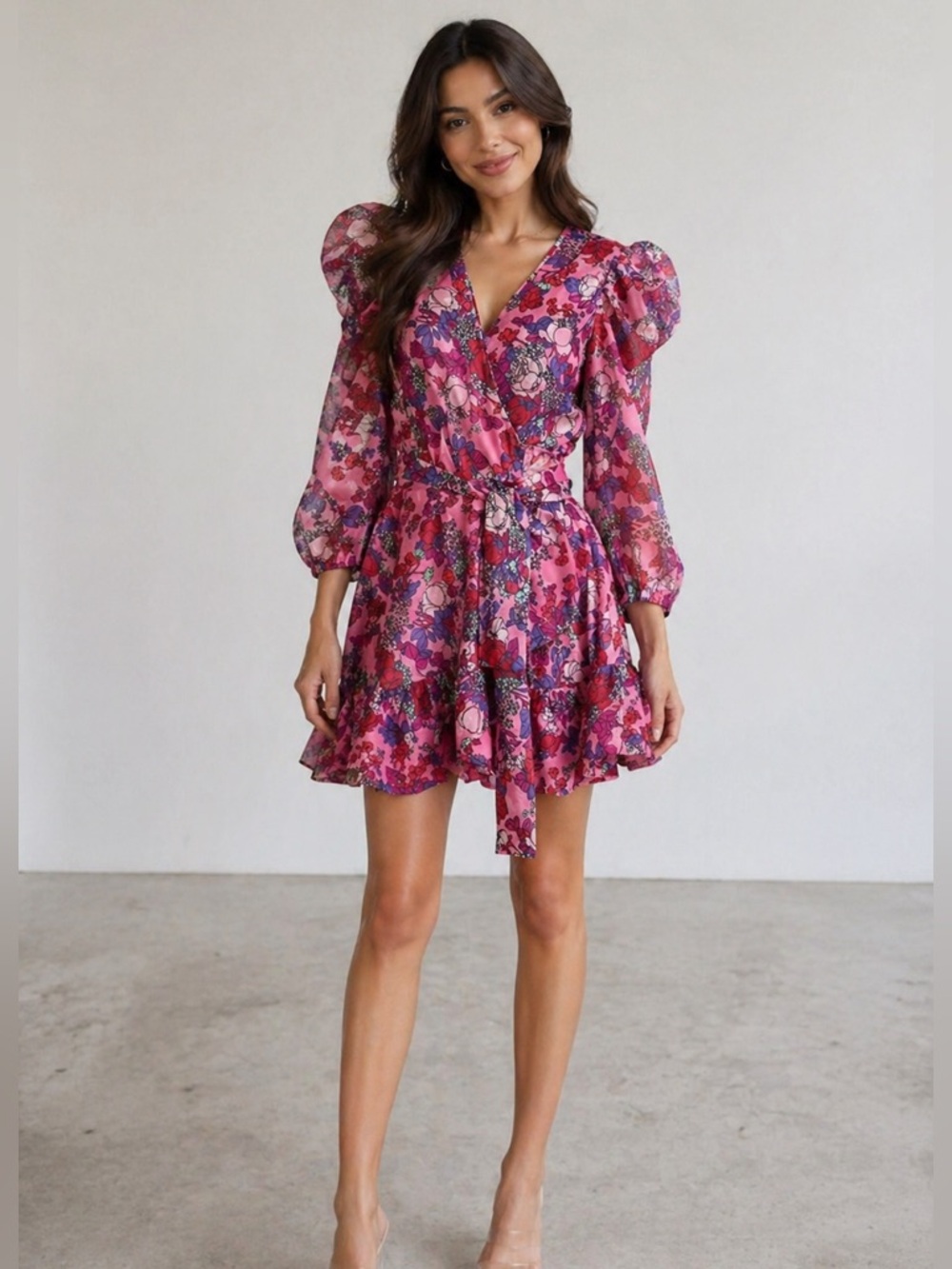 NWT Trina Turk Floral Wrap Mini Dress Size 0 Pink Puff Sleeve